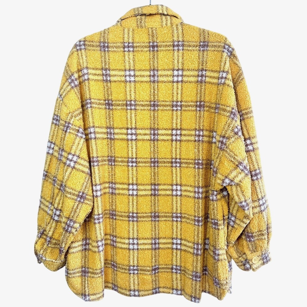 En Crème Women's Small Sherpa Shacket Jacket Plaid Oversized Mustard Streetwear - Picture 2 of 11